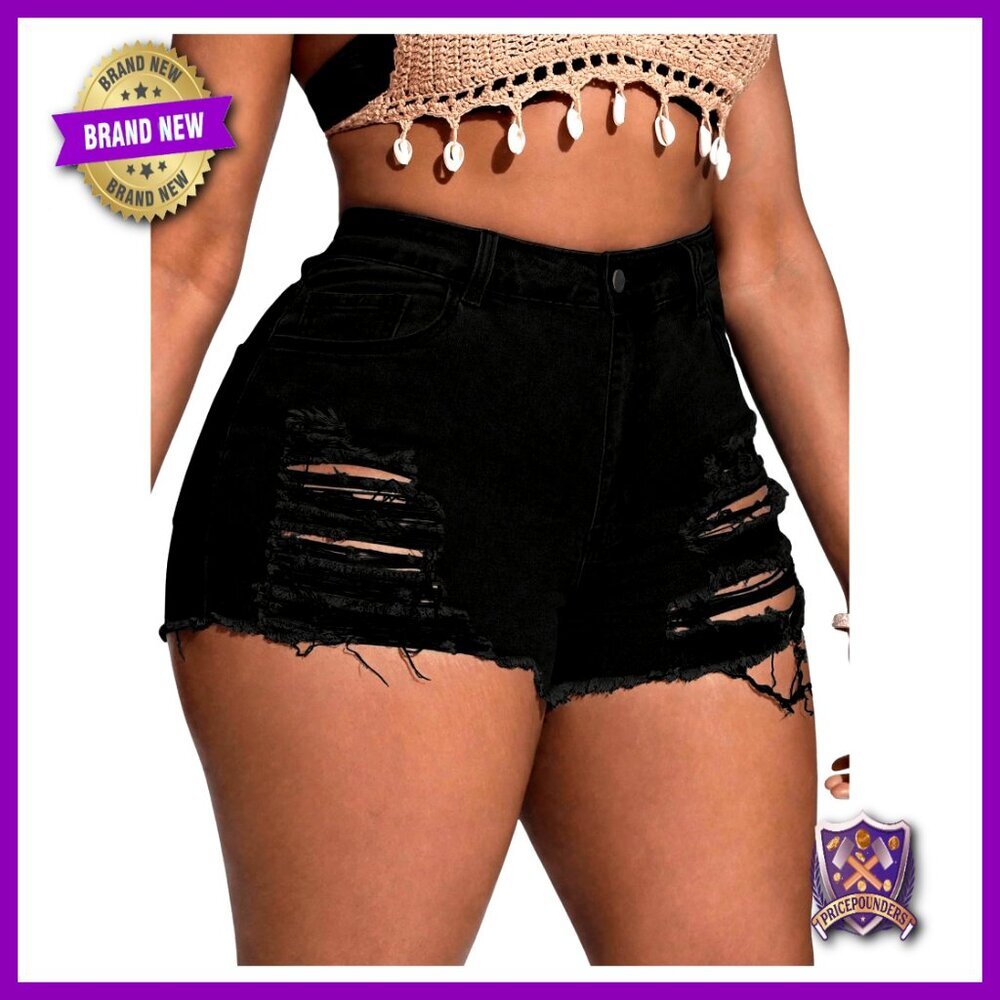 Plus Size High Waisted Ripped Denim Shorts Skinny Fit Casual Summer